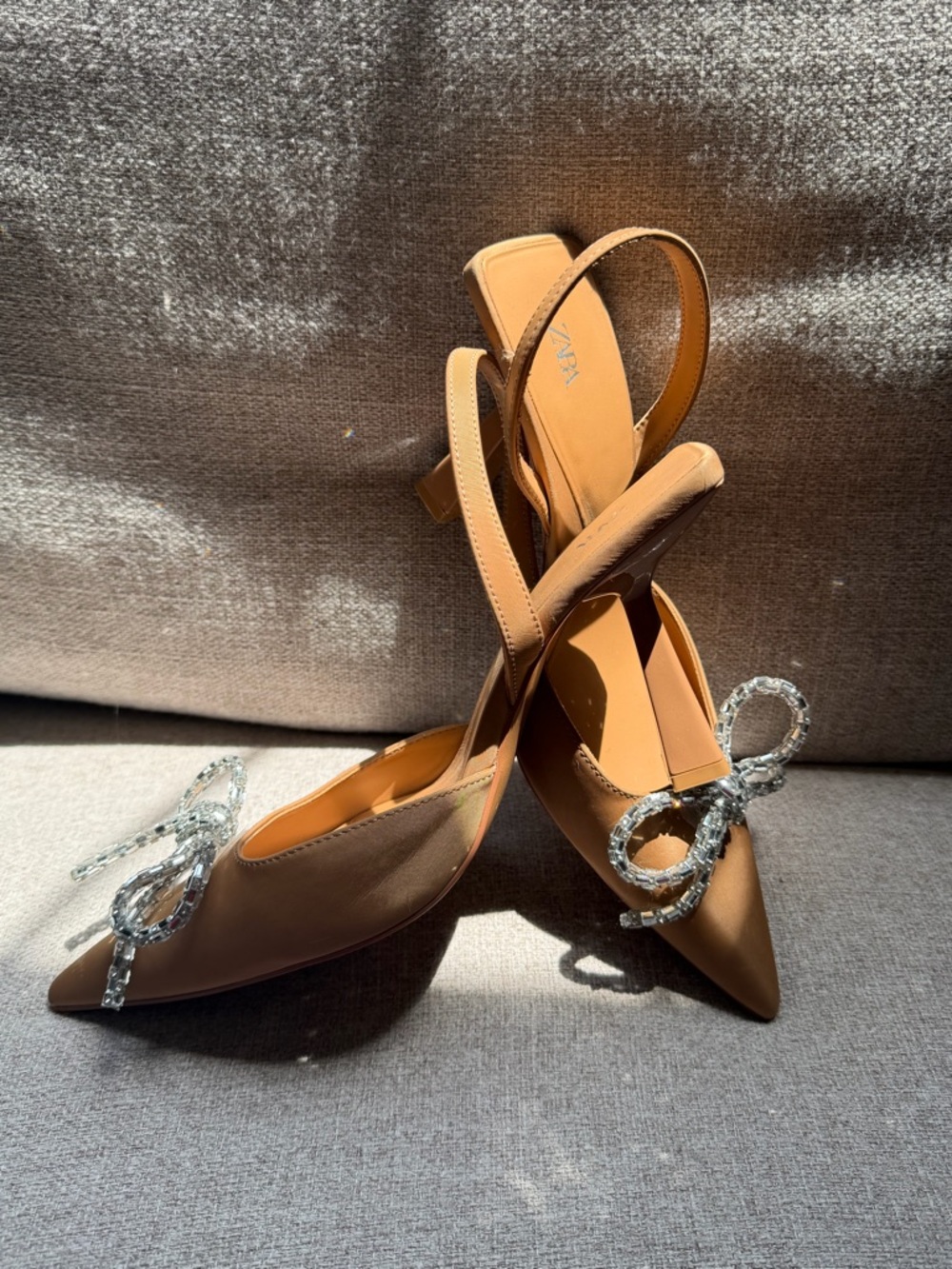 Zara Camel Pointed Slingback Heels with Crystal Bow Accent
